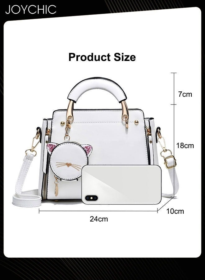 Joychic Korean Style Fashionable and Sweet Women Handbag Casual Personality Cat Design Large Capacity Commuting Shoulder Crossbody Bag PU Fabric Waterproof White - Image 5