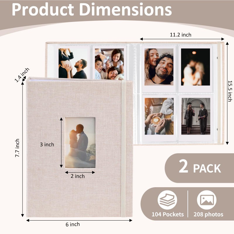 vivinin 2PCS Polaroid Photo Album, 2x3 Inch Pockets Mini Photo Album for 104 Pockets Hold 208 Pictures, Linen Hardcover Polaroid Album Book for Photos Family Anniversaries Baby Vacations (Off-white) - Image 2