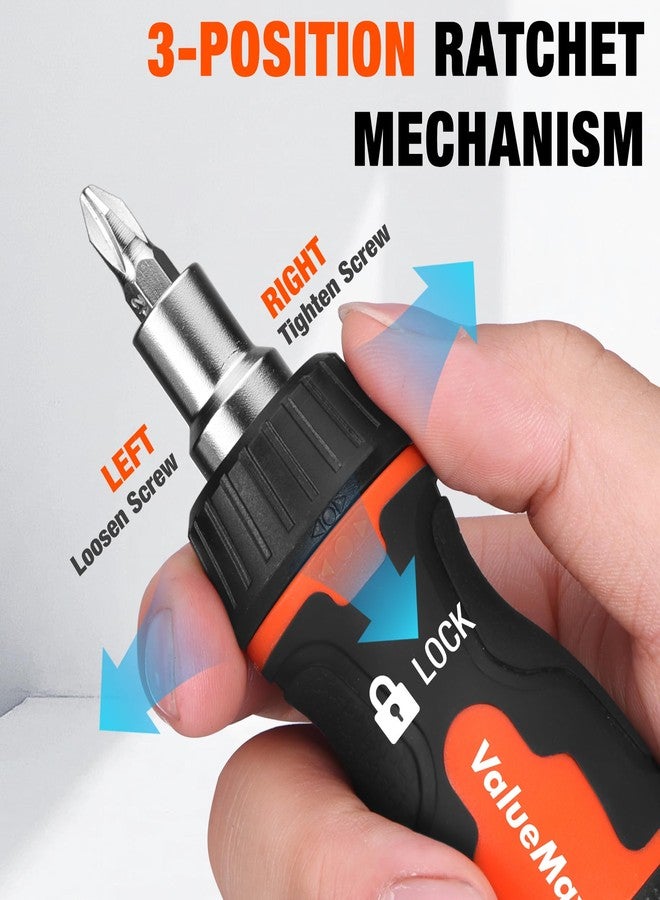ValueMax 8-in-1 Stubby Ratcheting Screwdriver, Multi-bit Screwdriver, Quick-load Mechanism, Adjustable Magnetic Tool with Phillips, Slotted, Torx Screw Driver Bits and 1/4" Nut Driver - Image 4