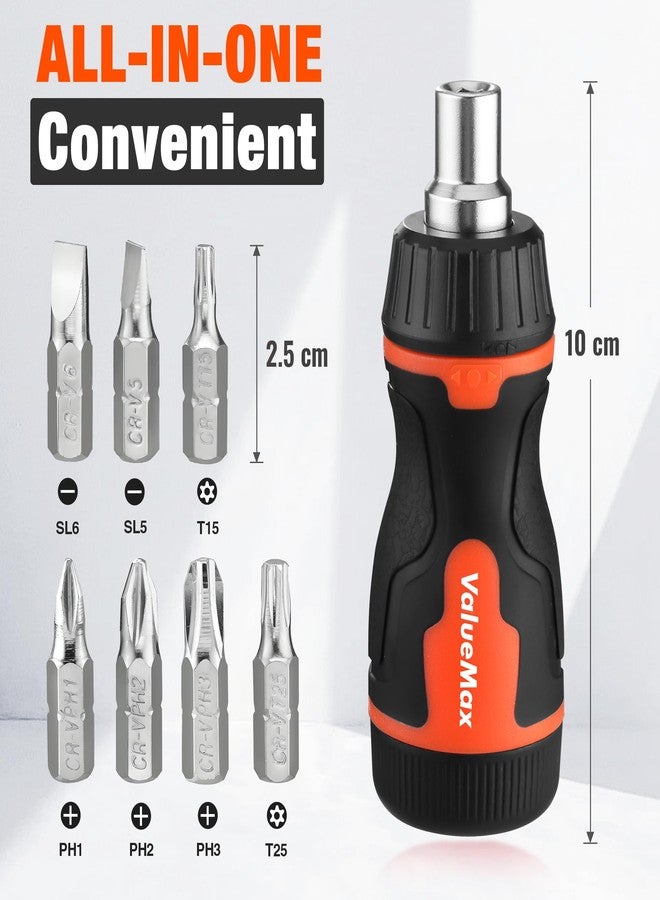 ValueMax 8-in-1 Stubby Ratcheting Screwdriver, Multi-bit Screwdriver, Quick-load Mechanism, Adjustable Magnetic Tool with Phillips, Slotted, Torx Screw Driver Bits and 1/4" Nut Driver - Image 3