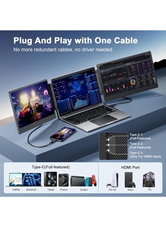 V2COM 14" FHD 1080P IPS Triple Portable Monitor for Laptop – HDMI/USB-A/USB-C Plug & Play, Compatible with Windows/Mac/Android/ChromeOS/Switch/PS5 - Image 2