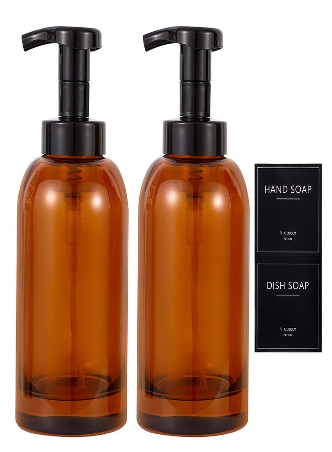 UUJOLY Foaming Hand Soap Dispenser Glass Jar Foam Dish Soap Dispenser for Bathroom and Kitchen Sink, Liquid Pump Bottle for Shampoo, Body Wash, Amber, 2 Pack - Image 1