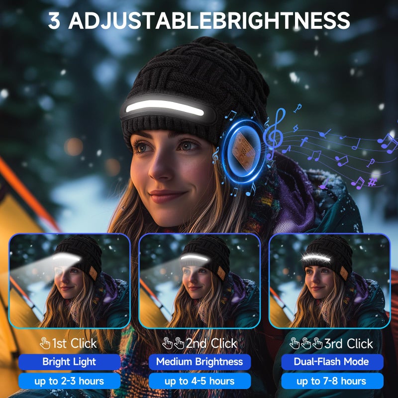 musIc Bluetooth Beanie with Light, Music Knitted Hat, USB Rechargeable, Contains 40 White Light Beads, Winter Christmas Gift for Family, Men, Dad and Father - Image 2