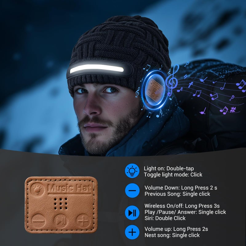 musIc Bluetooth Beanie with Light, Music Knitted Hat, USB Rechargeable, Contains 40 White Light Beads, Winter Christmas Gift for Family, Men, Dad and Father - Image 3