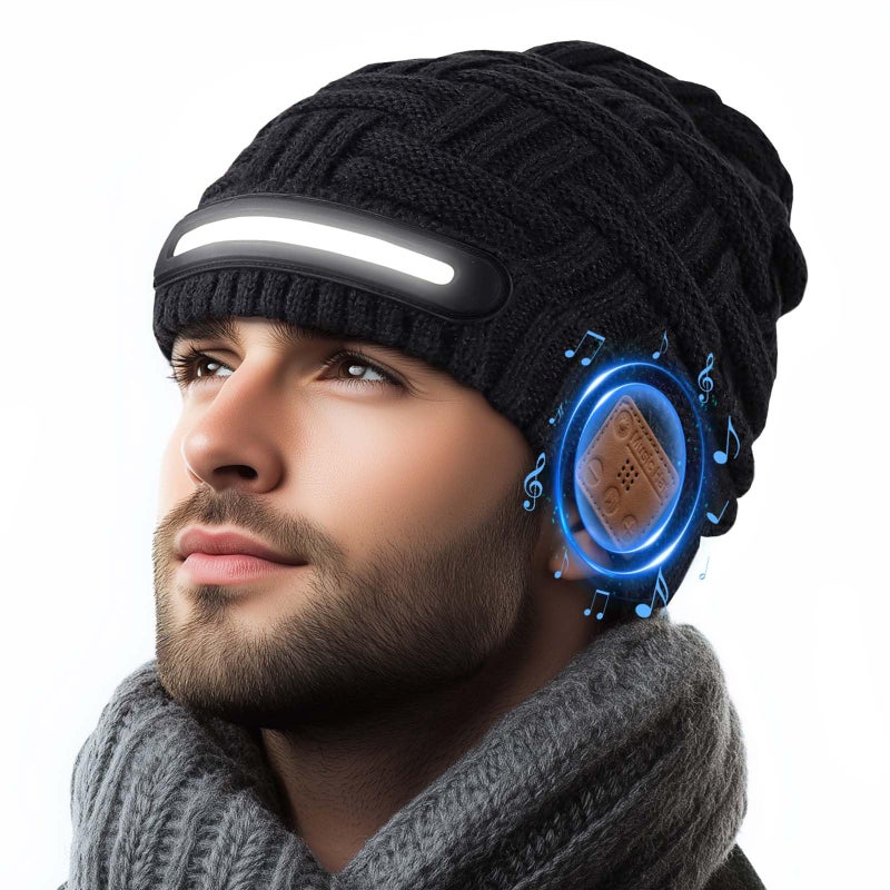 musIc Bluetooth Beanie with Light, Music Knitted Hat, USB Rechargeable, Contains 40 White Light Beads, Winter Christmas Gift for Family, Men, Dad and Father - Image 1