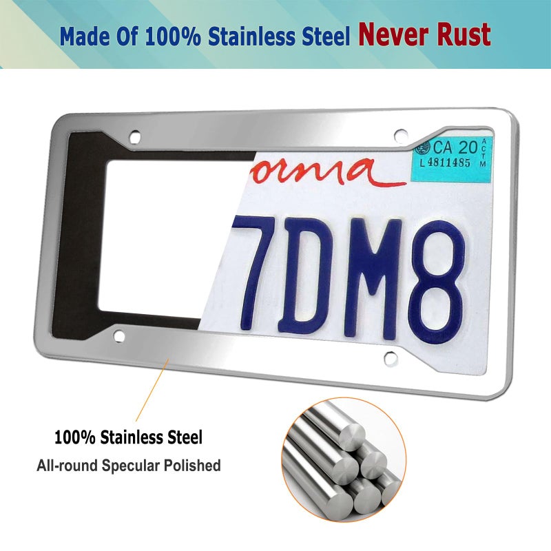 YoUoY Stainless Steel License Plate Frames- 2 Pack Mirror Polished Car Plate Holder, with Screws, Chrome Caps, Heavy Duty Rustproof Metal Front Rear Car Tag Frame - Image 2