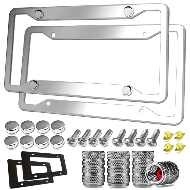 YoUoY Stainless Steel License Plate Frames- 2 Pack Mirror Polished Car Plate Holder, with Screws, Chrome Caps, Heavy Duty Rustproof Metal Front Rear Car Tag Frame - Image 1
