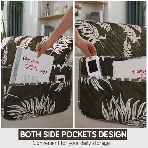 HOKIPO Polyester Quilted Printed Waterproof Sofa Cover Mat For 2 Seater Sofa With Pockets On Armrest Cover - Palm Leaves Olive (AR-5227-P8) - Image 5