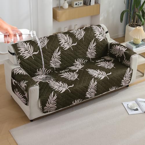 HOKIPO Polyester Quilted Printed Waterproof Sofa Cover Mat For 2 Seater Sofa With Pockets On Armrest Cover - Palm Leaves Olive (AR-5227-P8) - Image 1