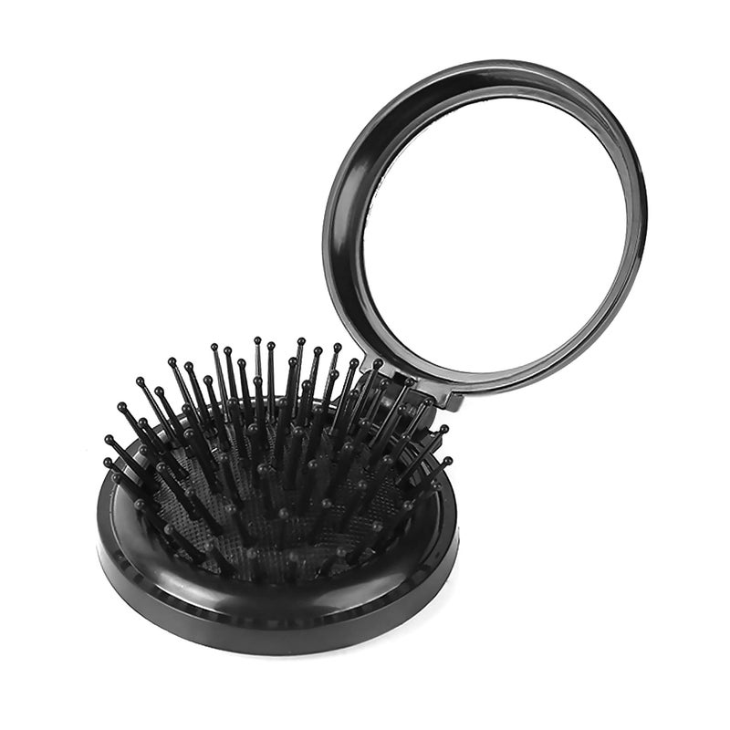 1st Choice Folding Hair Brush with Mirror,Round Mini Compact Massage Comb for Purse/Pocket,Travel Size for Girls and Women (Black) - Image 1