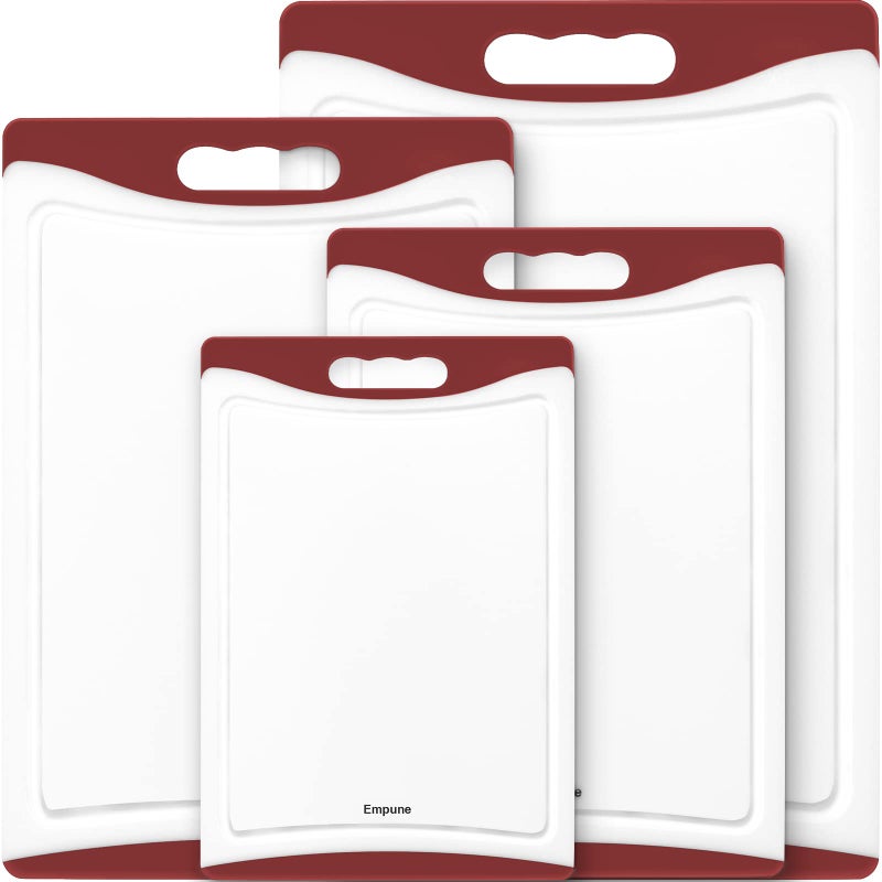 Extra Large Cutting Boards Plastic Cutting Boards for Kitchen Set of 4 Cutting Board Set Dishwasher Chopping Board with Juice Grooves EasyGrip Handles Red Empune