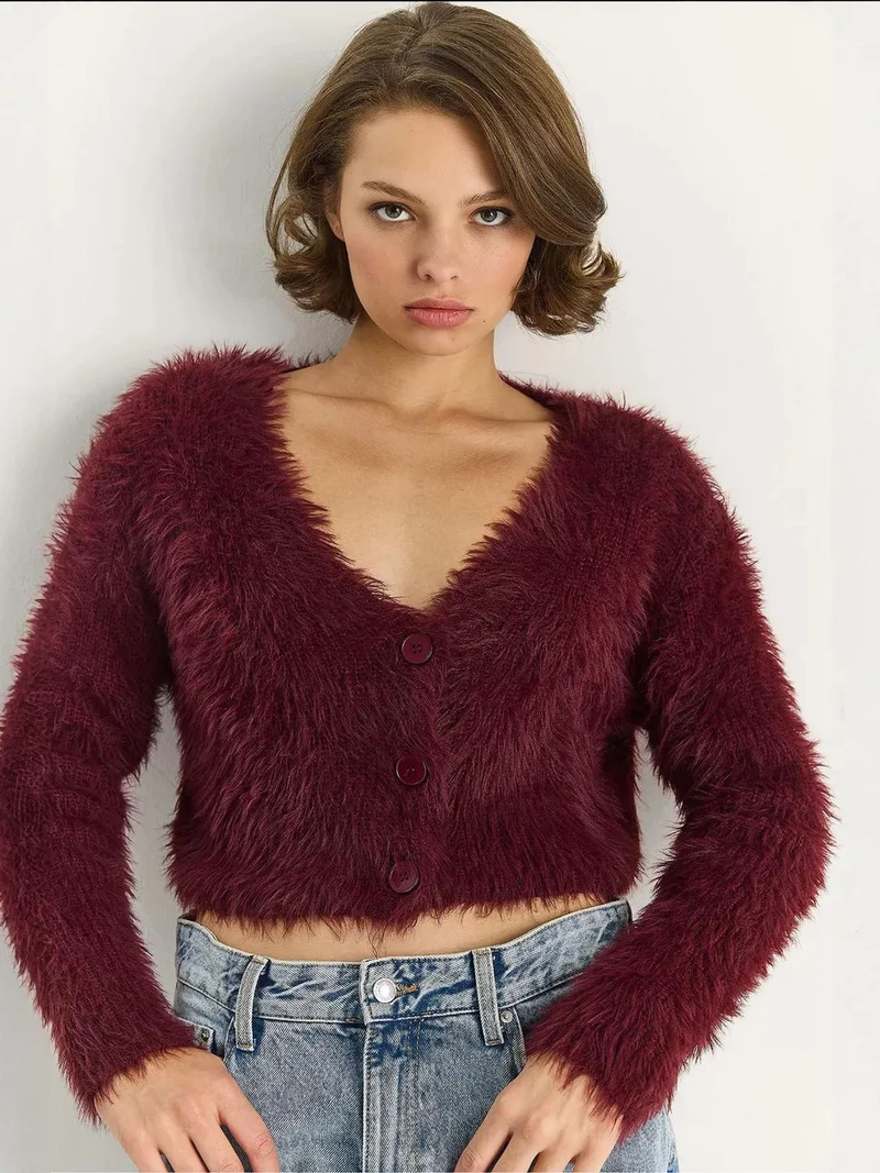 Bianco Lucci Burgundy Red LUCCI V-Neck Buttoned Textured Knitwear Cardigan for Women | Best Price UAE