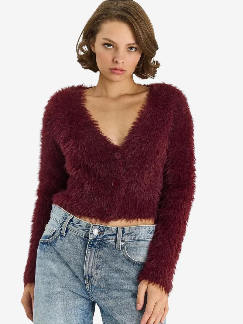 Bianco Lucci Burgundy Red LUCCI V-Neck Buttoned Textured Knitwear Cardigan for Women | Best Price UAE