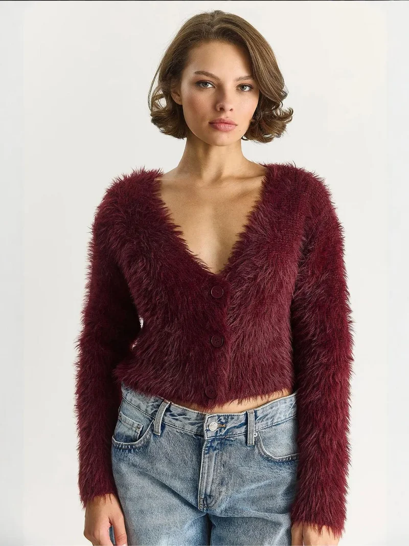 Bianco Lucci Burgundy Red LUCCI V-Neck Buttoned Textured Knitwear Cardigan for Women | Best Price UAE