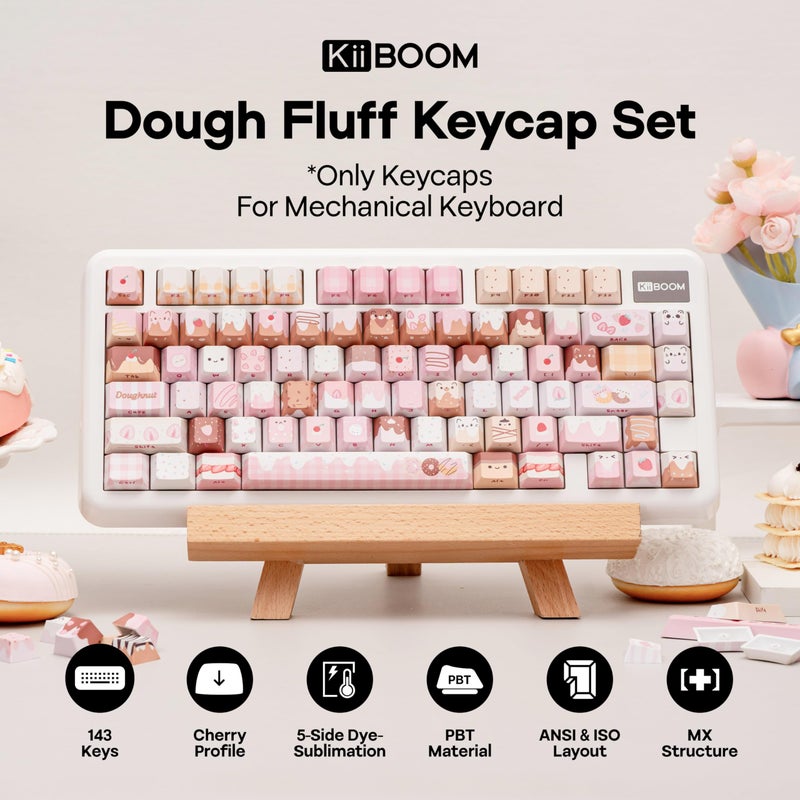 KiiBOOM Dough Fluff Keycap Set, 144/143 Keys, MOA/Cherry Profile PBT Keycaps for Mechanical Keyboard, Compatible with ANSI/ISO, 60%, 65%, 75%, TKL, Full-Sized Layout (Pink & Brown, Cherry Profile) - Image 2