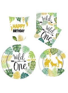 64Pcs Wild One Kids Birthday Party Supplies Jungle Decorations for Boy, 9In Dinner Plate 7Inch Dessert Plates 9 oz Paper Cups and Disposable Napkins Tableware Sets Serves 16 Guests