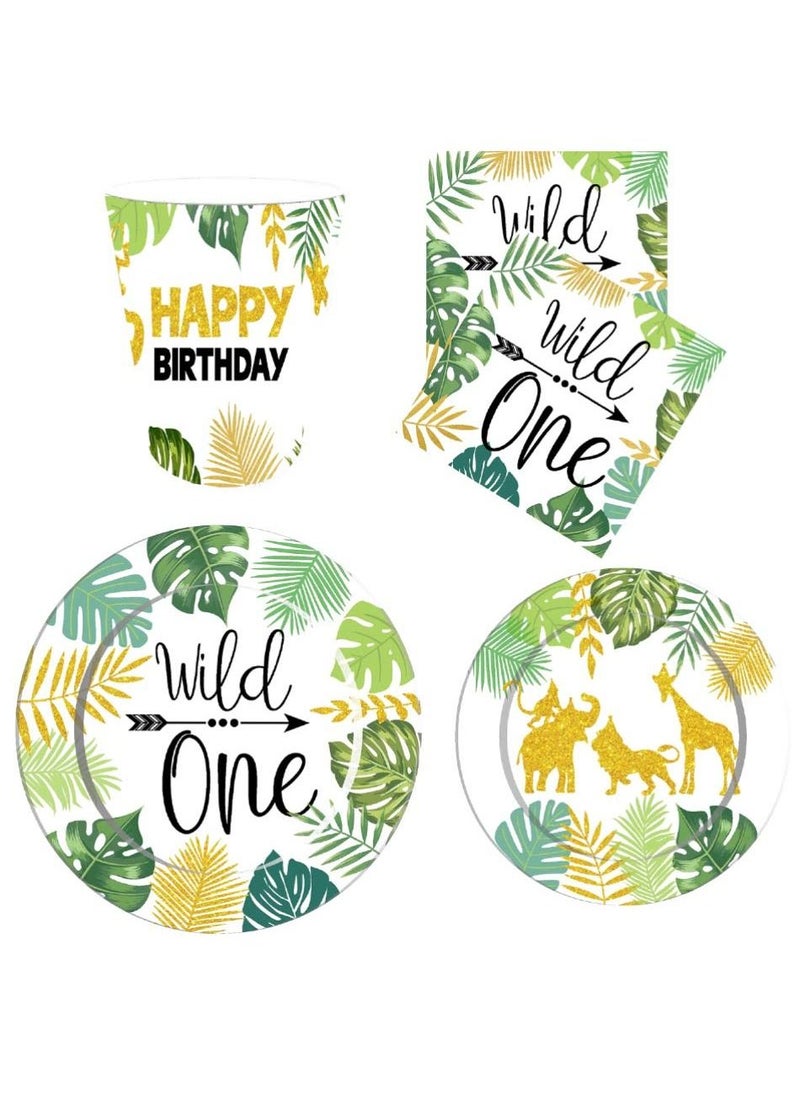 SYOSI - 64Pcs Wild One Kids Birthday Party Supplies Jungle Decorations for Boy, 9In Dinner Plate 7Inch Dessert Plates 9 oz Paper Cups and Disposable Napkins Tableware Sets Serves 16 Guests - Image 1