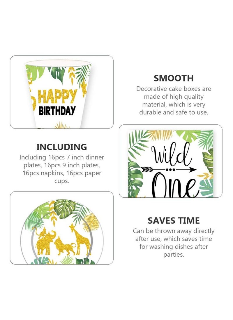 SYOSI - 64Pcs Wild One Kids Birthday Party Supplies Jungle Decorations for Boy, 9In Dinner Plate 7Inch Dessert Plates 9 oz Paper Cups and Disposable Napkins Tableware Sets Serves 16 Guests - Image 1