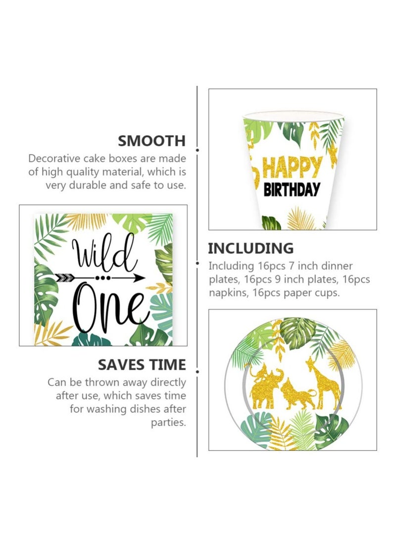 SYOSI - 64Pcs Wild One Kids Birthday Party Supplies Jungle Decorations for Boy, 9In Dinner Plate 7Inch Dessert Plates 9 oz Paper Cups and Disposable Napkins Tableware Sets Serves 16 Guests - Image 1