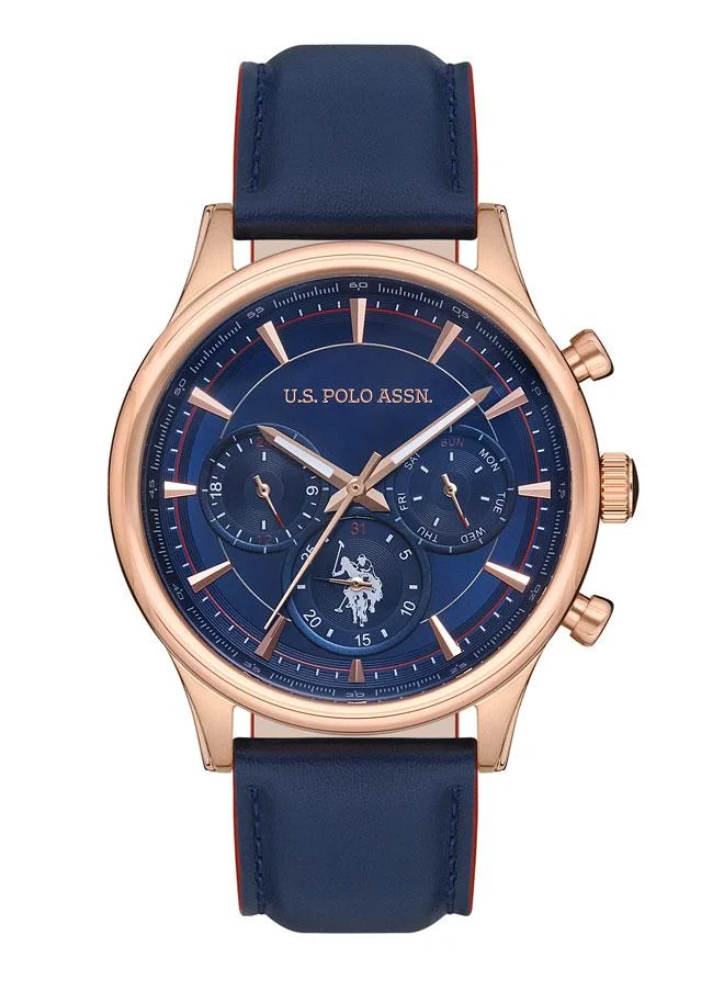 U.S. Polo Assn. Men's 45mm Chronograph Watch with Bold Blue Dial & Rose Gold Case on Blue Leather Strap - USPA1010-06