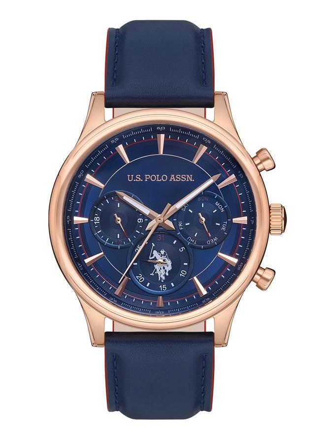 U.S. Polo Assn. Men's 45mm Chronograph Watch with Bold Blue Dial & Rose Gold Case on Blue Leather Strap - USPA1010-06  - Image 1
