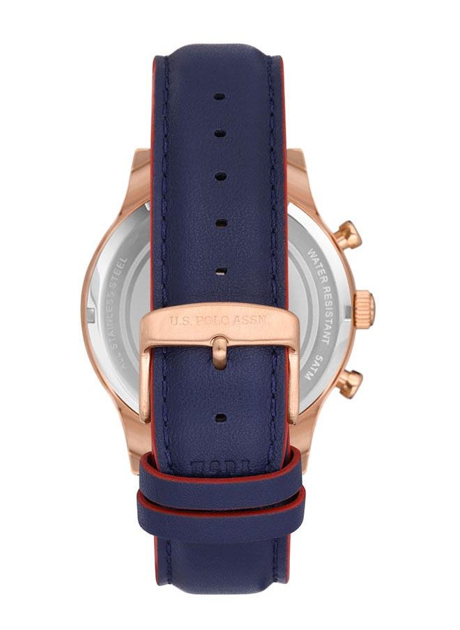 U.S. Polo Assn. Men's 45mm Chronograph Watch with Bold Blue Dial & Rose Gold Case on Blue Leather Strap - USPA1010-06  - Image 3