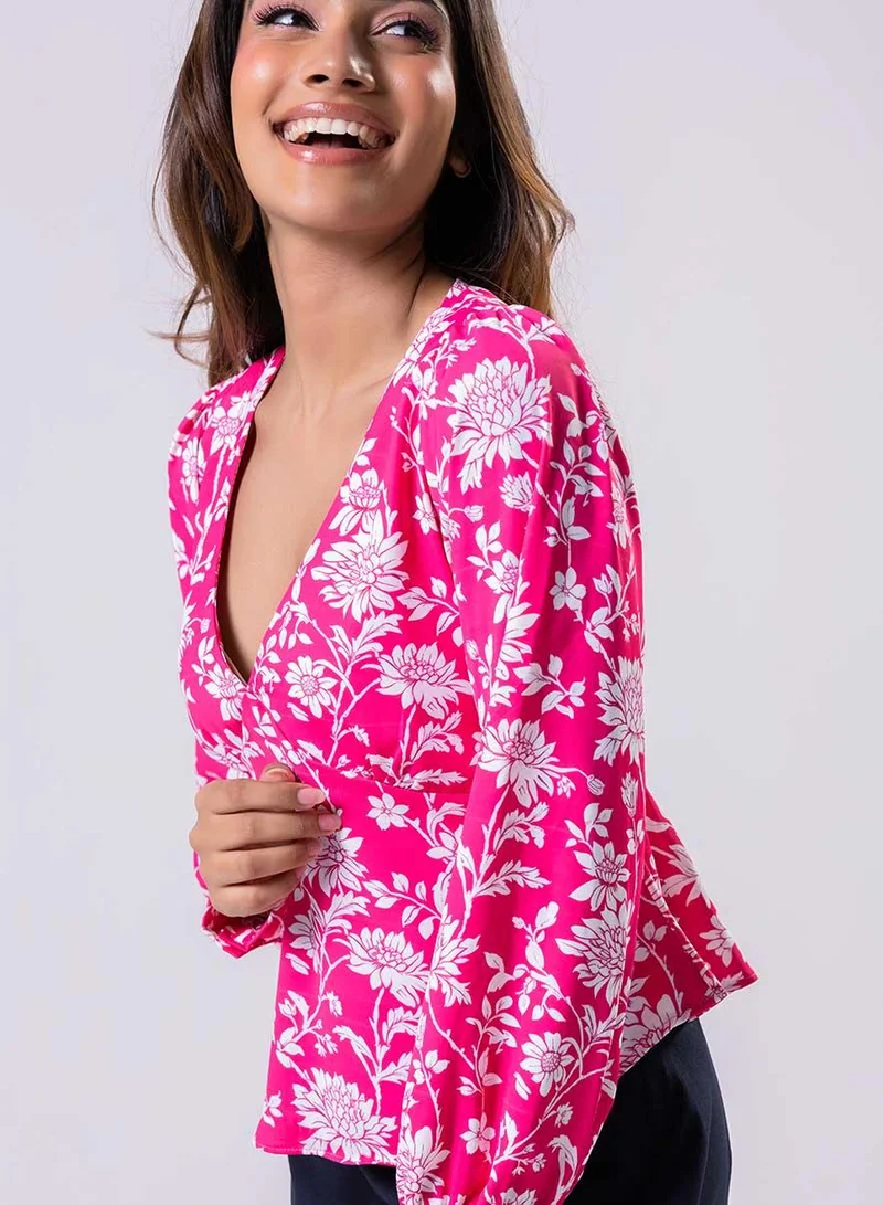 Zigzag Long Sleeve V Neck Chiffon Printed Top-Pink
