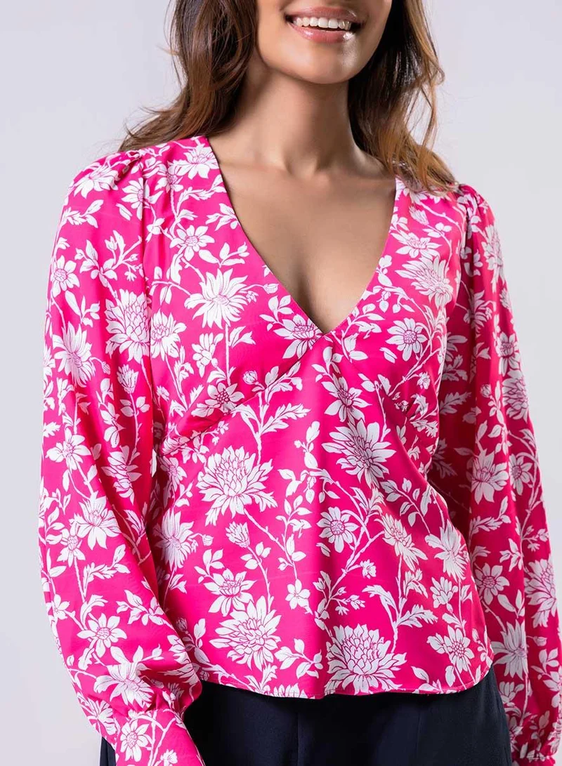 Zigzag Long Sleeve V Neck Chiffon Printed Top-Pink