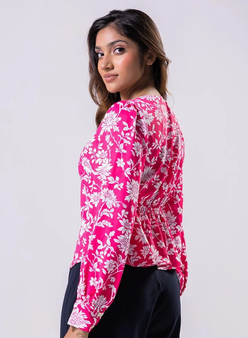 Zigzag  Long Sleeve V Neck Chiffon Printed Top-Pink for Women | Best Price UAE