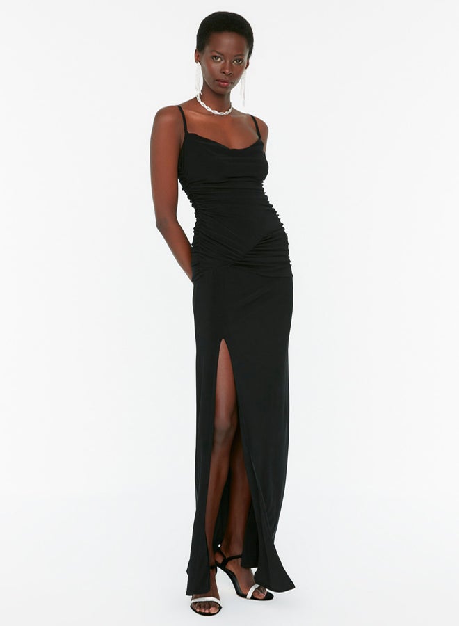 trendyol Black Knitted Long Elegant Evening Night Graduation Dress - Image 1