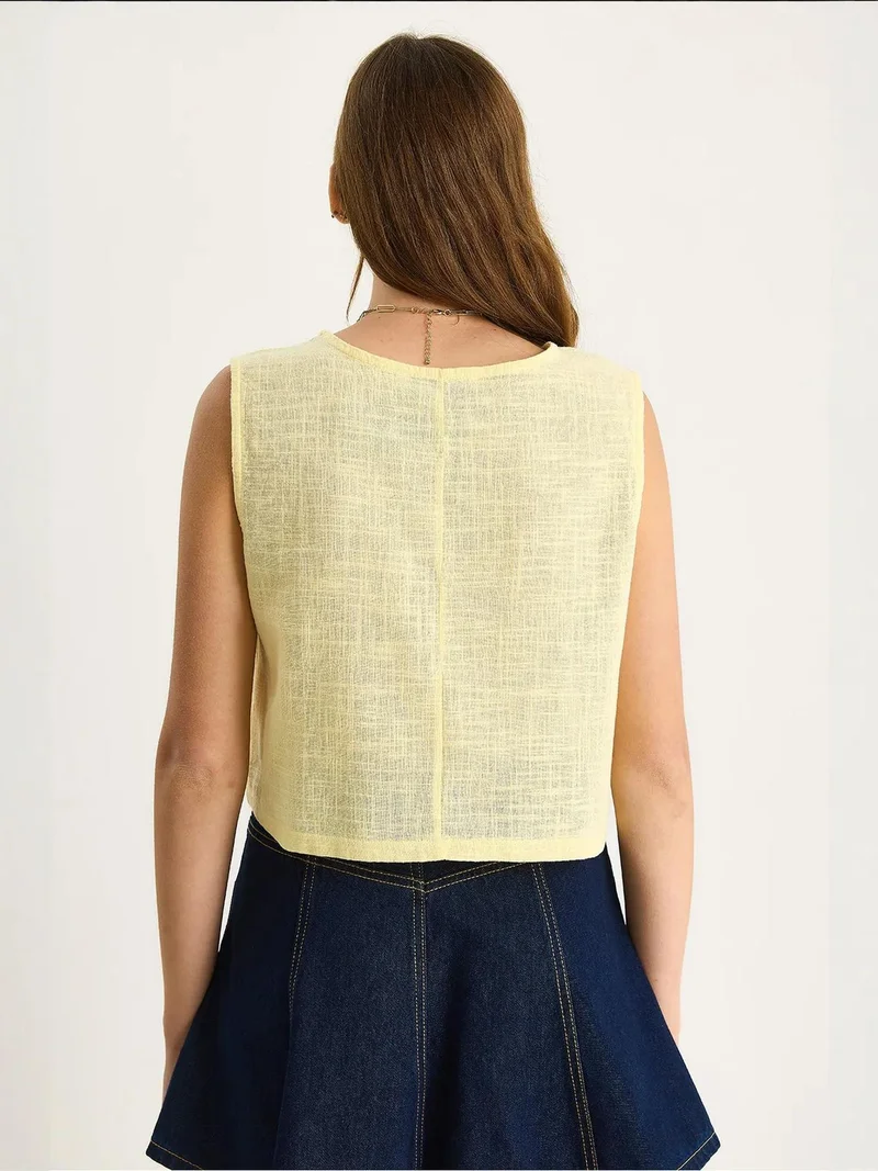 Bianco Lucci Lemon Yellow LUCCI Linen Blend Cropped Crew Neck Blouse for Women | Best Price UAE