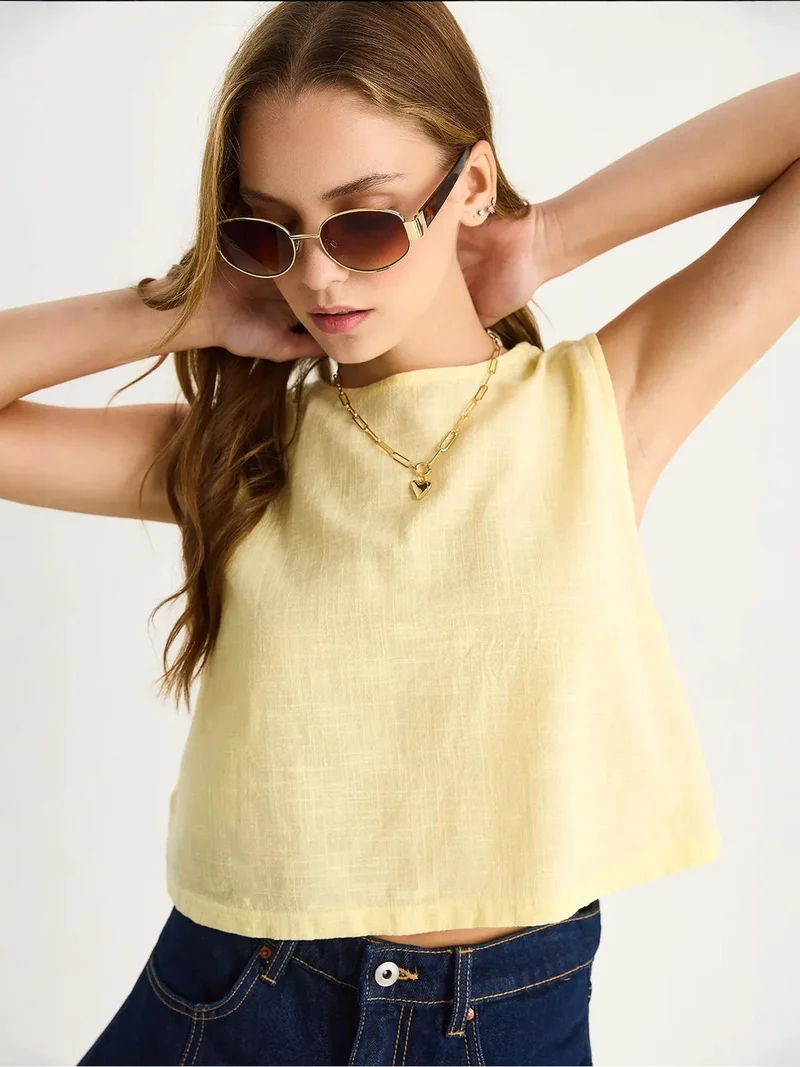 Bianco Lucci Lemon Yellow LUCCI Linen Blend Cropped Crew Neck Blouse for Women | Best Price UAE