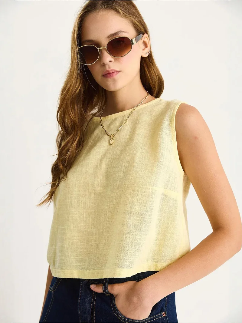Bianco Lucci Lemon Yellow LUCCI Linen Blend Cropped Crew Neck Blouse for Women | Best Price UAE