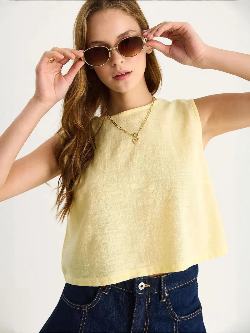 Bianco Lucci Lemon Yellow LUCCI Linen Blend Cropped Crew Neck Blouse for Women | Best Price UAE