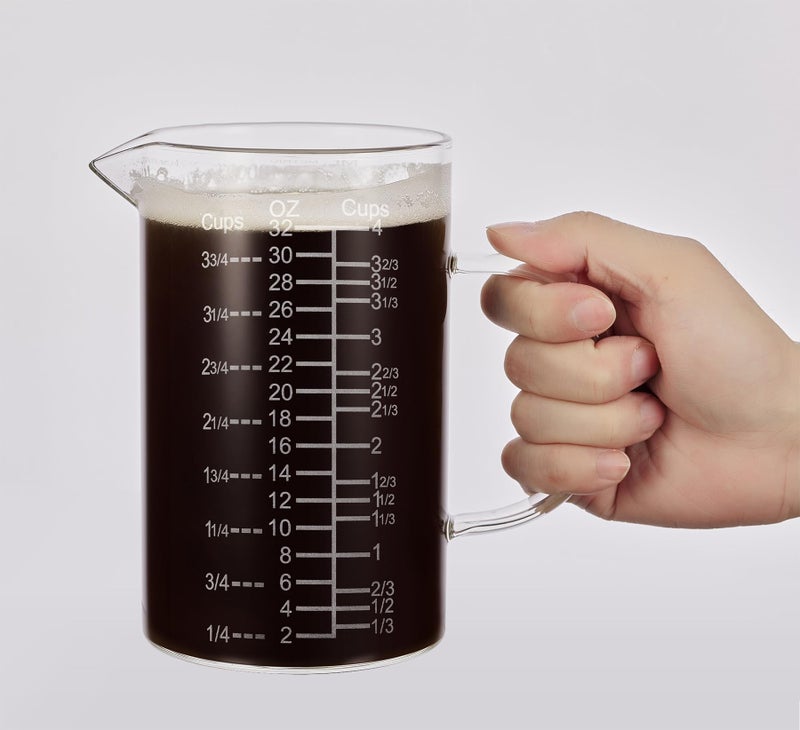 Ackers BORO3.3 Ackers Etched Graduated Glass Measuring Cup - [Insulated Handle | V-Shaped Spout] - High Borosilicate Glass Measuring Cup for Kitchen or Dining, Easy to Read,1000 ML (32 Oz, 4 Cup) - Image 1