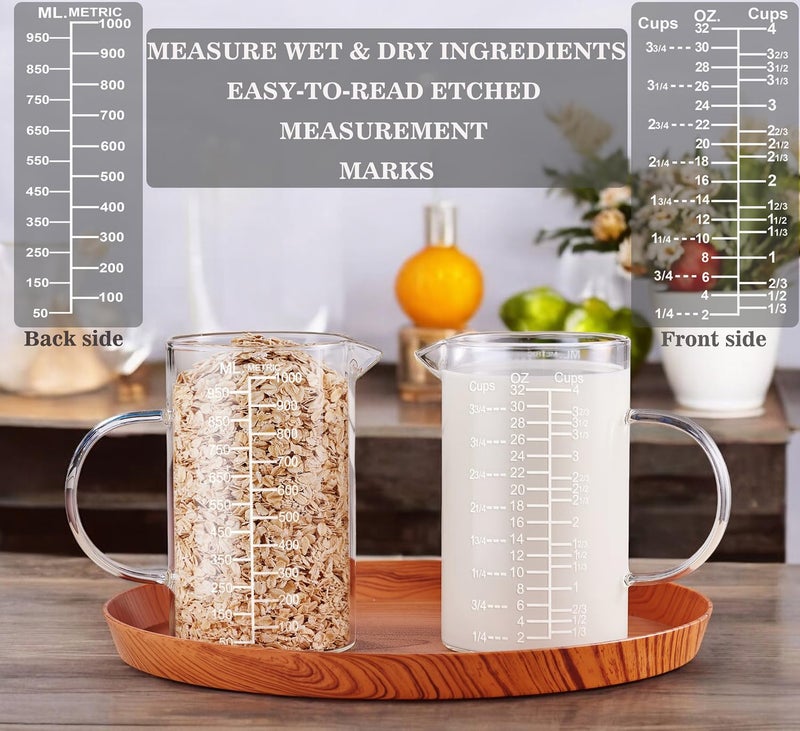 Ackers BORO3.3 Ackers Etched Graduated Glass Measuring Cup - [Insulated Handle | V-Shaped Spout] - High Borosilicate Glass Measuring Cup for Kitchen or Dining, Easy to Read,1000 ML (32 Oz, 4 Cup) - Image 3