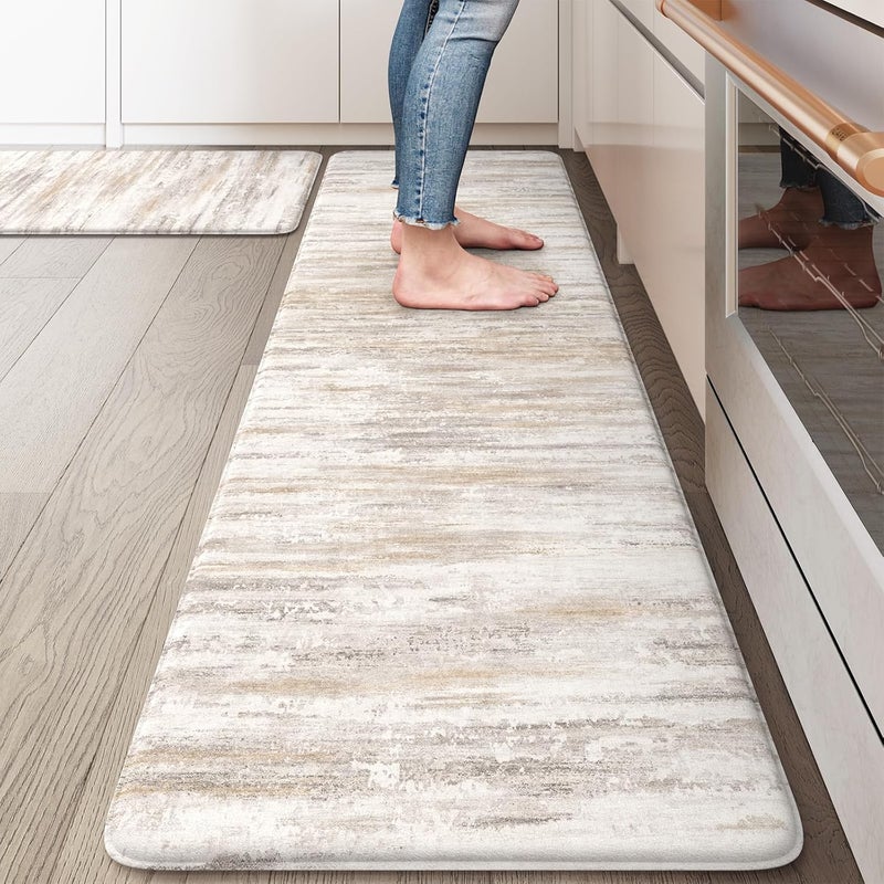 KIMODE Kitchen Mats Cushioned Anti Fatigue, Abstract Farmhouse Kitchen Rugs Sets of 2, Non Slip Kitchen Mats for Floor, Padded Kitchen Floor Mat for Sink Laundry Office Light Brown Multi - Image 1