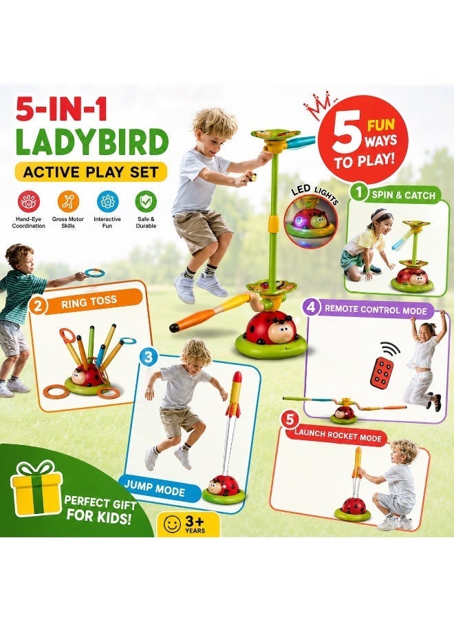 5-in-1 Kids Sports & Outdoor Play Toy, Interactive Jump & Spin Game with Ring Toss, Rocket Launcher & Remote Control, Active Indoor Outdoor Toys Gifts for Kids Ages 3-8 - Image 2