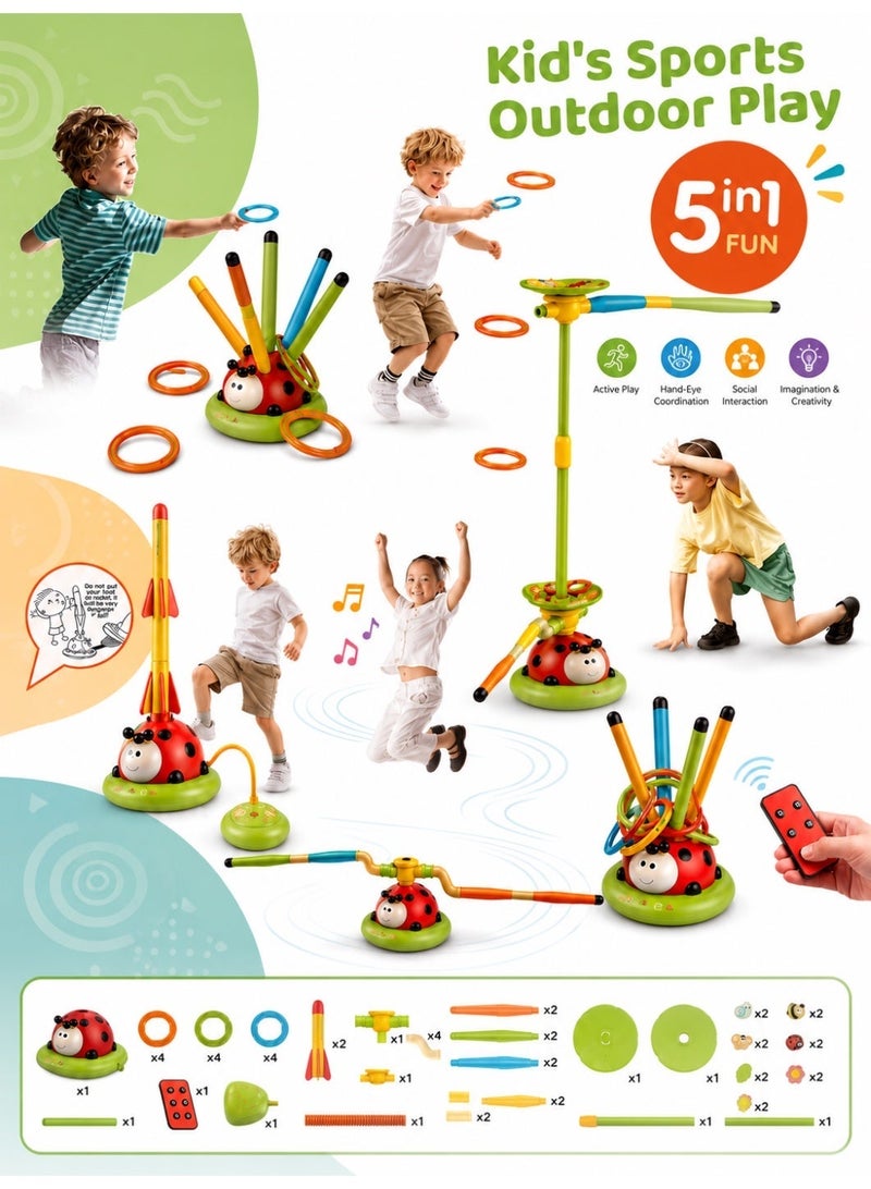 5-in-1 Kids Sports & Outdoor Play Toy, Interactive Jump & Spin Game with Ring Toss, Rocket Launcher & Remote Control, Active Indoor Outdoor Toys Gifts for Kids Ages 3-8 - Image 1