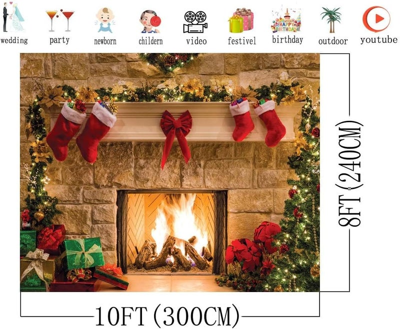 BPA 10x8FT Merry Christmas Backdrop with Fireplace Theme - Image 3