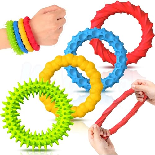 Kidology Sensory Ring Toys – Textured Silicone, Fidget Stretch Toy for Kids & Adults – Durable & Washable Stress Buster Ring Fidget Bracelets for Focus(Pack of 4) - Image 1