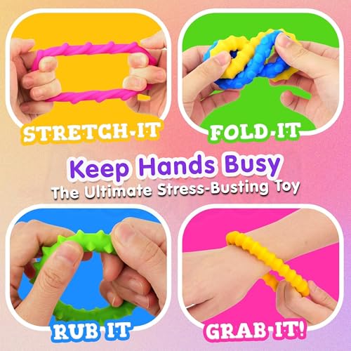 Kidology Sensory Ring Toys – Textured Silicone, Fidget Stretch Toy for Kids & Adults – Durable & Washable Stress Buster Ring Fidget Bracelets for Focus(Pack of 4) - Image 4