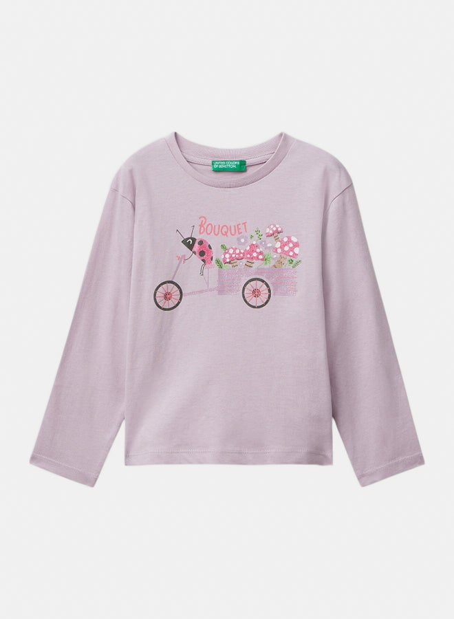 Benetton Girls Long sleeve cotton t-shirt with glittery print - Image 1