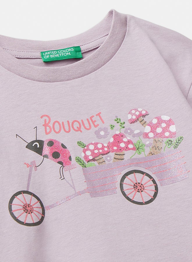 Benetton Girls Long sleeve cotton t-shirt with glittery print - Image 2