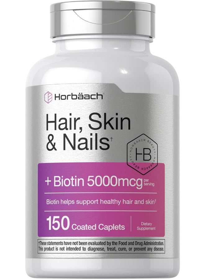 Horbäach Hair Skin and Nails Vitamins | 150 Caplets | with Biotin and Collagen | Supplement for Women and Men | Non-GMO, Gluten Free | by Horbaach - Image 1