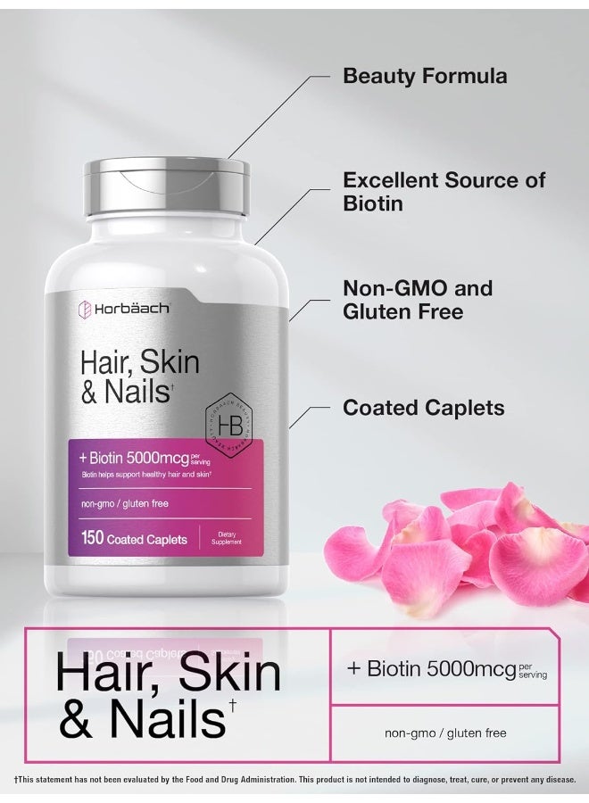 Horbäach Hair Skin and Nails Vitamins | 150 Caplets | with Biotin and Collagen | Supplement for Women and Men | Non-GMO, Gluten Free | by Horbaach - Image 3