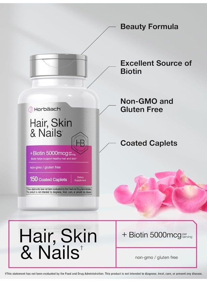 Horbäach Hair Skin and Nails Vitamins | 150 Caplets | with Biotin and Collagen | Supplement for Women and Men | Non-GMO, Gluten Free | by Horbaach - Image 4