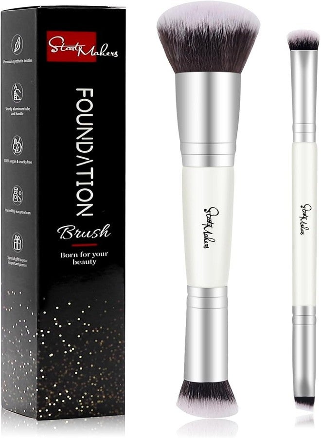 START MAKERS 2-in-1 Makeup Brushes Dual-ended Contouring Foundation Brush 2 Pack Concealer Brush Face Eyebrow Eyeshadow Brush for Liquid, Powder, Buffing, Blending (White) - Image 1