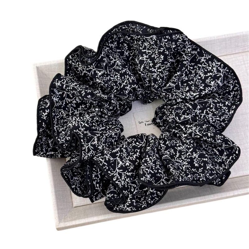 Hair Scrunchies French Style Retro Floral Scrunchies for Women Four-layers Large Size Head Flower Bun Hair Rope Trendy Hair Tie(Black) - Image 1
