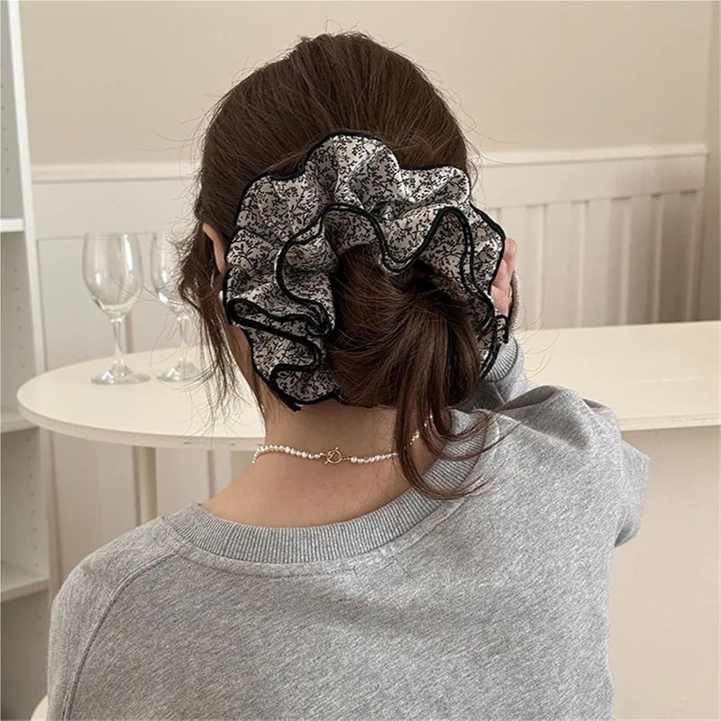 Hair Scrunchies French Style Retro Floral Scrunchies for Women Four-layers Large Size Head Flower Bun Hair Rope Trendy Hair Tie(Black) - Image 3